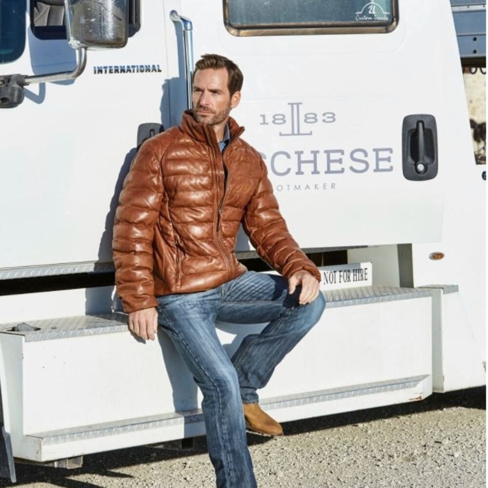 Lucchese Men's XL Brown Leather Full Zip Puffer Jacket Streetwear Grunge HR11-8